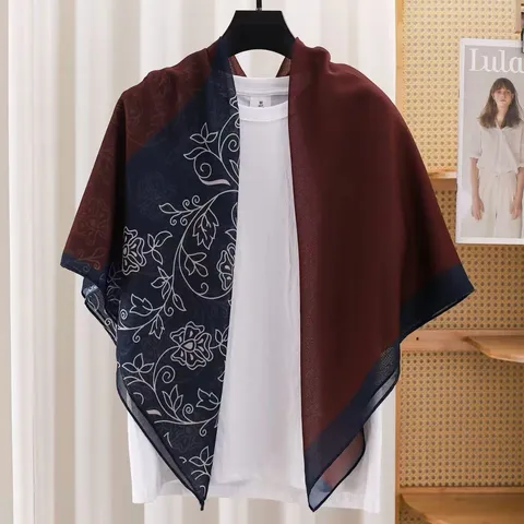 French Vintage Floral Print Sheer Scarf Large Square Scarf For Women Fashion Sun Protection Shawl Neck Wrap Head Scarf