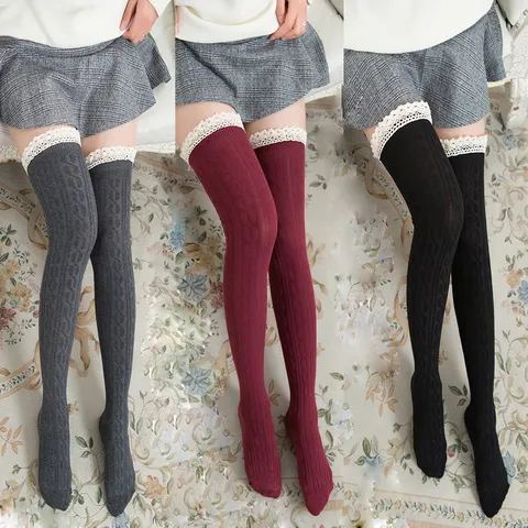 Women Over-The-Knee Cable Knit Stockings Sweet Lace Trim Thigh High Socks Cotton Blend Winter Warm Long Socks