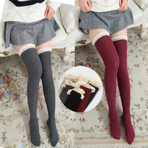 Women Over-The-Knee Cable Knit Stockings Sweet Lace Trim Thigh High Socks Cotton Blend Winter Warm Long Socks