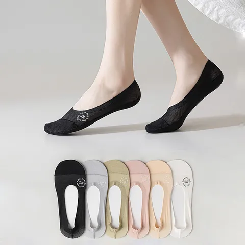 Women's Ice Silk Boat Socks Summer Thin Breathable Mesh Anti-Slip Invisible Short Socks Low Cut Cotton Bottom Socks