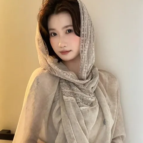 Women Fashion Scarf Lace Spliced Polyester Thin Shawl Sunscreen Travel Headscarf Elegant Casual Daily Wear