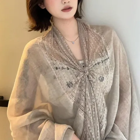 Women Fashion Scarf Lace Spliced Polyester Thin Shawl Sunscreen Travel Headscarf Elegant Casual Daily Wear