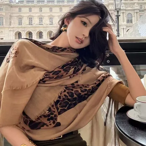 Women Fashion Leopard Print Long Scarf Lightweight Polyester Tassels Shawl Spring Autumn Warm Neck Scarf