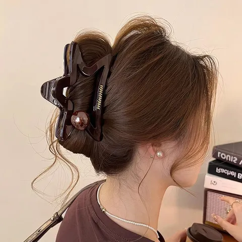 Pinza de Garra para Cabello de Estrella Hueca Grande para Mujer Elegante Pinza de Tiburón de Resina Geométrica Horquillas de Perla Artificial Antideslizantes Accesorios para Cabello Regalo