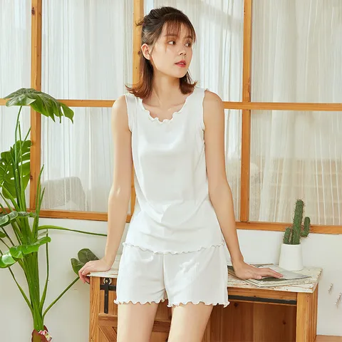 Women's Ribbed Cotton Pajama Set Lettuce Edge Sleeveless Camisole Top And Shorts Lightweight Breathable Loungewear For Women