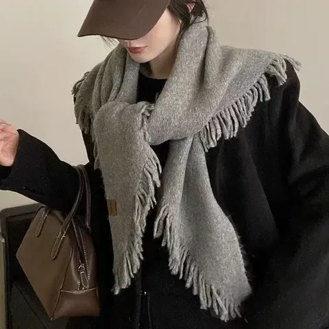 Women's Winter Warm Knitted Triangle Scarf Solid Color Thickened Tassel Shawl Fashion Cold Weather Outdoor Scarf