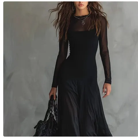 Women's Long Sleeve Mesh Splicing Maxi Dress Elegant Slim Fit Crew Neck High Waist Solid Color Casual Long Dress