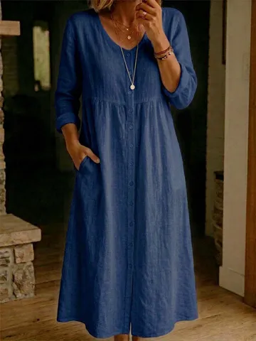 Women Casual Long Sleeve Cotton Linen Maxi Dress V Neck Single Breasted Loose Solid Color Pocket Long Dress
