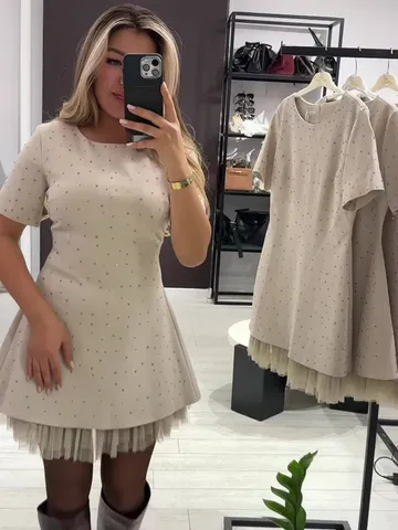 Women Casual Slim Fit Short Sleeve Round Neck Dress Solid Color Hotfix Rhinestone Mesh Splicing Mini Dress