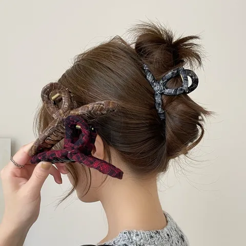 Pince à Cheveux Vintage en Tissu Écossais pour Femmes Pince Requin en Acrylique Grande Moyenne Taille Accessoire de Mode