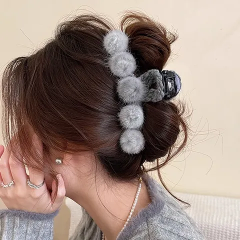 Womens Large Small Plush Pom Pom Hair Claw Clip Winter Warm Faux Fur Shark Clip Cute Hair Styling Accessories