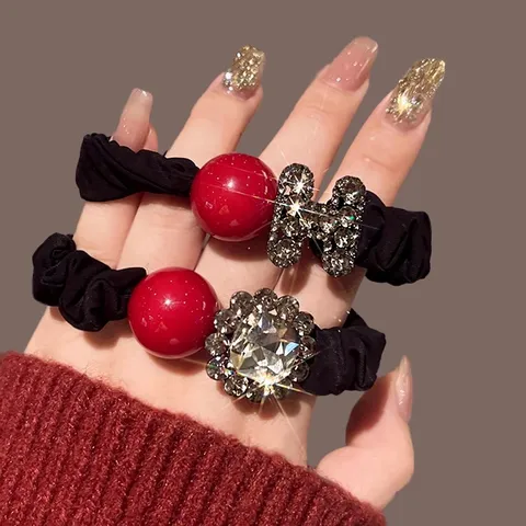 New Year Red Artificial Pearl Rhinestone Letter Hair Rope Elastic Hair Band Scrunchie Women Fashion Hair Accessories