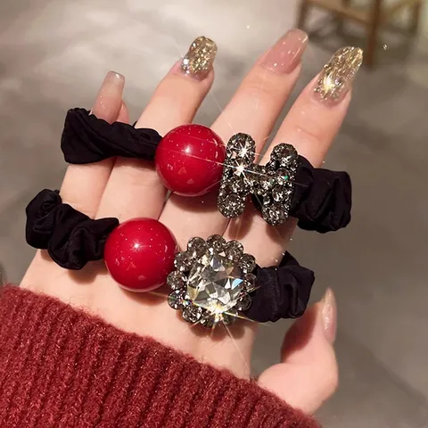New Year Red Artificial Pearl Rhinestone Letter Hair Rope Elastic Hair Band Scrunchie Women Fashion Hair Accessories