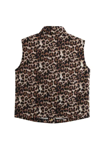 Women Casual Leopard Print Vest Open Front Lapel Single Breasted Sleeveless Outerwear Polyester Fashion Streetwear Top