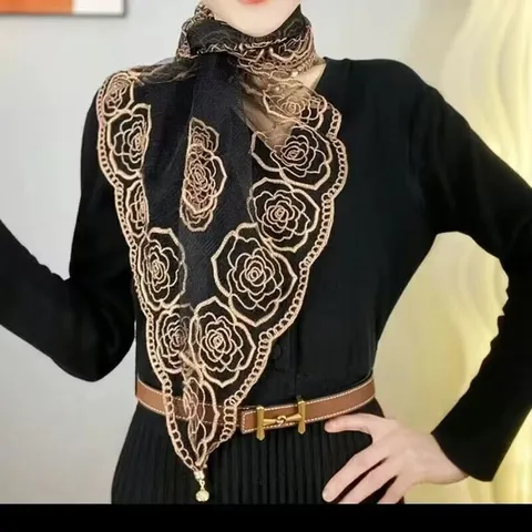 Women Fashion Floral Embroidered Scarf Lightweight Organza Square Scarf With Magnetic Buckle Spring Summer Travel Shawl