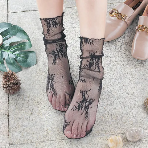 Women's Sexy Sheer Mesh Lace Jacquard Mid Calf Socks Sweet Solid Color Breathable Thin Fashion Hosiery Daily Wear
