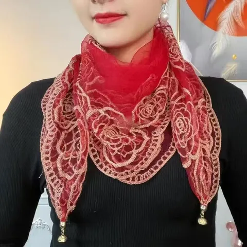 Women Fashion Floral Embroidered Scarf Lightweight Organza Square Scarf With Magnetic Buckle Spring Summer Travel Shawl