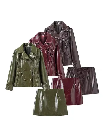 Ensemble Veste Et Mini-jupe En Cuir PU Brillant Style Européen Pour Femmes Boutonnage Croisé Manches Longues Haut Et Bas Mode