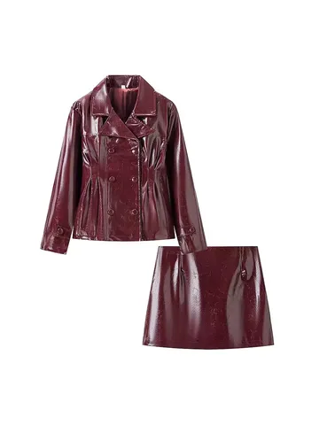 Ensemble Veste Et Mini-jupe En Cuir PU Brillant Style Européen Pour Femmes Boutonnage Croisé Manches Longues Haut Et Bas Mode