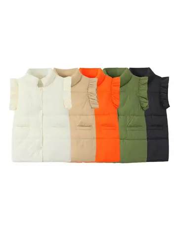 Women Casual Loose Stand Collar Flutter Sleeve Padded Cotton Vest Autumn Winter Fashion Outerwear Solid Color Warm Vest