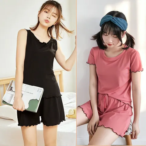 Women Casual Pajama Set Summer Ribbed Sleeveless Vest Short Sleeve Top And Shorts Two Piece Homewear Set Loungewear