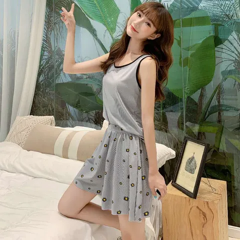 Women Sleeveless Pajama Set Daisy Print Ribbed Knit Loungewear Top And Bottom Comfortable Home Sleepwear For Summer Women