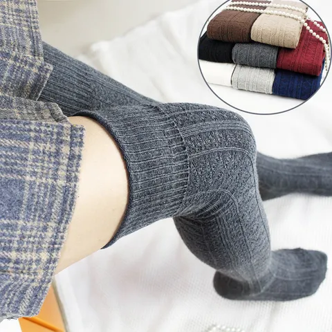 Women Japanese Style Cable Knit Over The Knee Socks Chunky Cotton Blend Thigh High Socks Preppy Retro Winter Warm Stockings