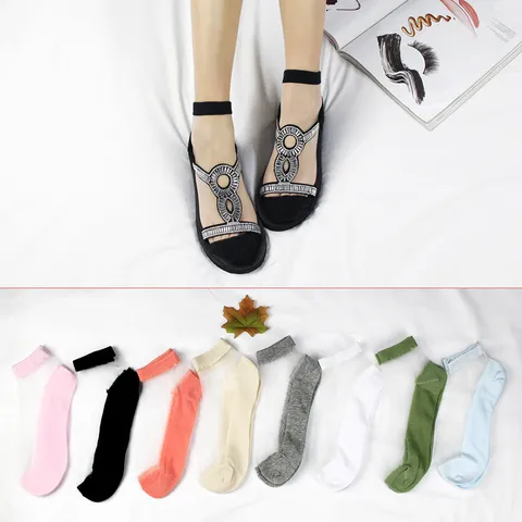 Women Transparent Crystal Silk Boat Socks Thin Breathable Mesh Invisible Socks Faux Sandal Rhinestone Design Summer Cotton Socks