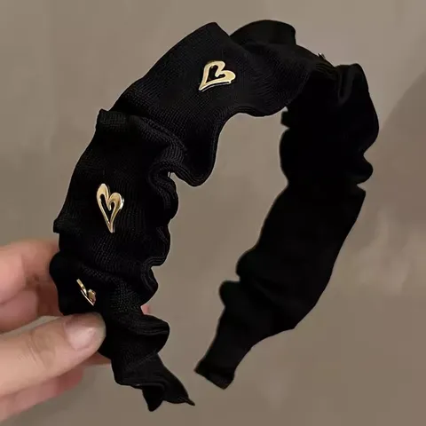 Damen Eleganter Schwarzer Plissierter Stoff Haarreif Mit Goldmetall Herzdekor Mode Hoher Scheitel Haarschmuck