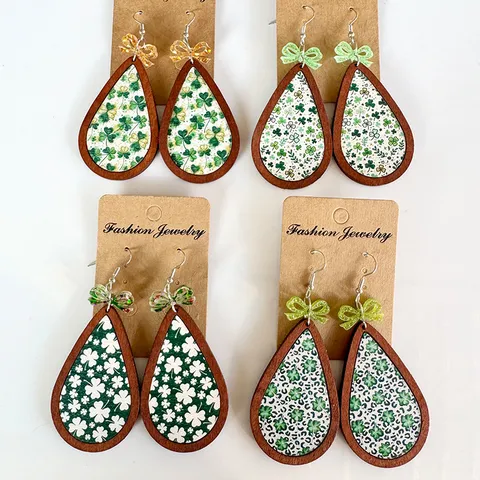 Pendientes Colgantes de Madera del Día de San Patricio Lazo Trébol Verde Fiesta Joyería