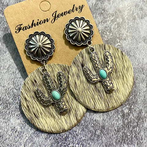 Western Vintage Leather Drop Earrings Bohemian Horsehair Faux Turquoise Cactus Patchwork Leopard Dangle Earrings For Women
