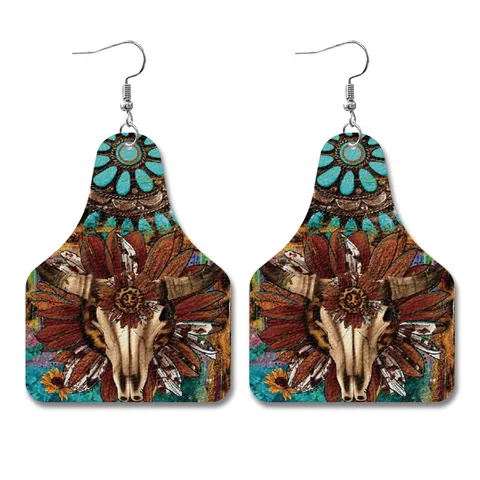 Western Vintage Leather Earrings For Women Bohemian Teardrop Round Printed Bull Skull Sunflower Leopard Earrings Cowboy Jewelry Gift