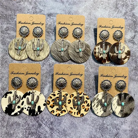 Western Vintage Leather Drop Earrings Bohemian Horsehair Faux Turquoise Cactus Patchwork Leopard Dangle Earrings For Women