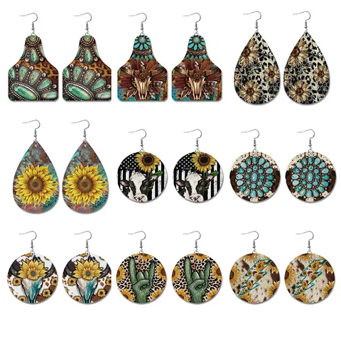 Western Vintage Leather Earrings For Women Bohemian Teardrop Round Printed Bull Skull Sunflower Leopard Earrings Cowboy Jewelry Gift