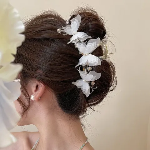Eleganter Schmetterling Haarkralle Große Netzstoff Strass Künstliche Perle Haarklammer Süße Schleife Hochsteckfrisur Haargreifer Für Damen Tägliches Styling Accessoires