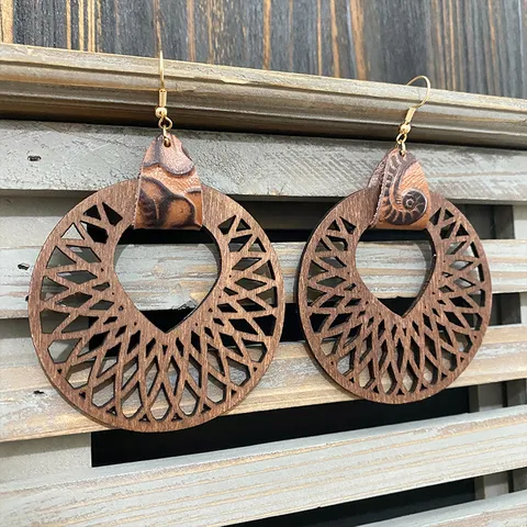 Boucles d'oreilles Mandala Ajourées en Bois Vintage Boho en Cuir Véritable Crochet en Cuivre Boucles d'oreilles Géométriques pour Femmes Bijoux Ethniques