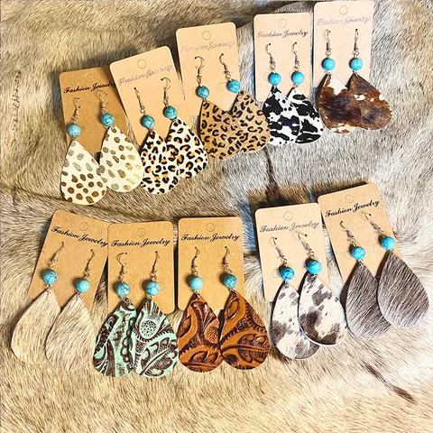 Boucles d'Oreilles Pendantes en Cuir Turquoise Vintage Western pour Femmes Bohème Léopard Poil de Poney Épissage Boucles d'Oreilles Goutte d'Eau Bijoux