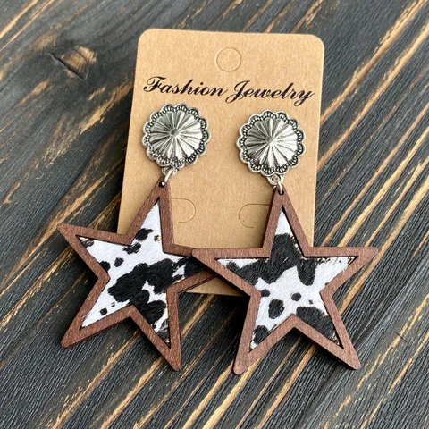 Western Cowboy Star Genuine Leather Earrings Leopard Cow Print Wood Inlaid Fashion Drop Earrings For Women Retro Jewelry