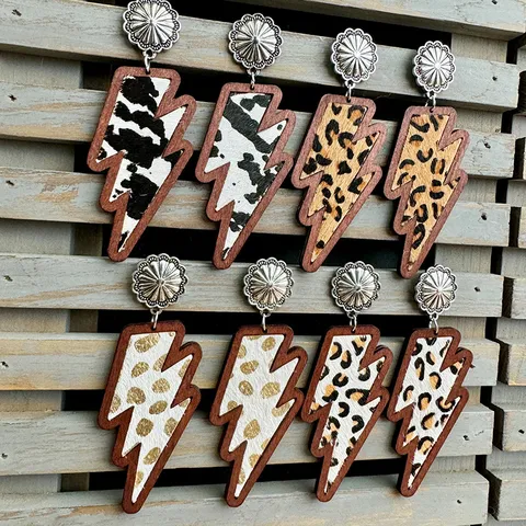 Western Lightning Bolt Earrings Alloy Wood Genuine Leather Leopard Cow Print Vintage Ear Studs For Women Jewelry