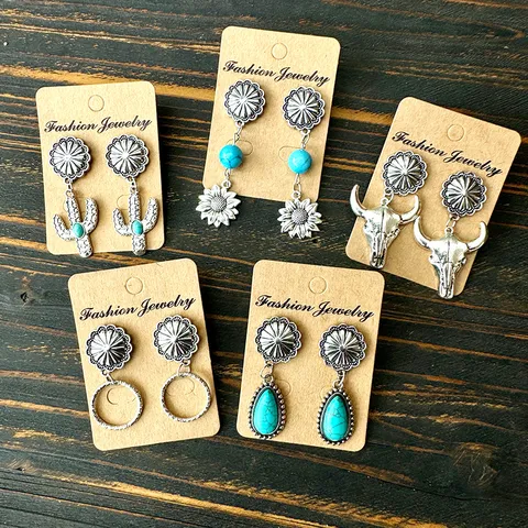 Western Retro Alloy Sunflower Artificial Turquoise Dangle Earrings For Women Bohemian Antique Silver Cow Bull Head Cactus Drop Earrings Jewelry