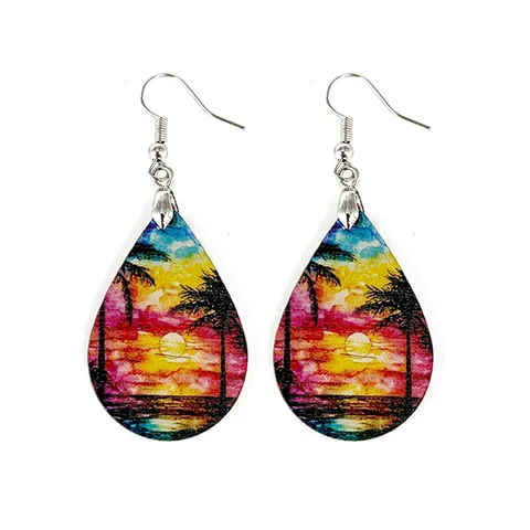 Bohemian Wood Teardrop Earrings Summer Beach Wave Marble Print Lightweight Wood Dangle Earrings For Women Jewelry Gift