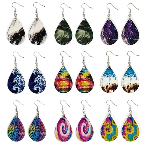 Bohemian Wood Teardrop Earrings Summer Beach Wave Marble Print Lightweight Wood Dangle Earrings For Women Jewelry Gift