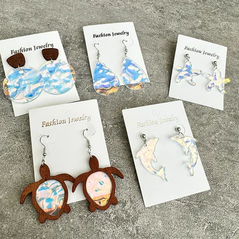 Summer Ocean Ripple Acrylic Wooden Spliced Dangle Earrings Iridescent Wave Pattern Sea Turtle Starfish Dolphin Teardrop Drop Earrings For Women Beach Vacation Jewelry Gift