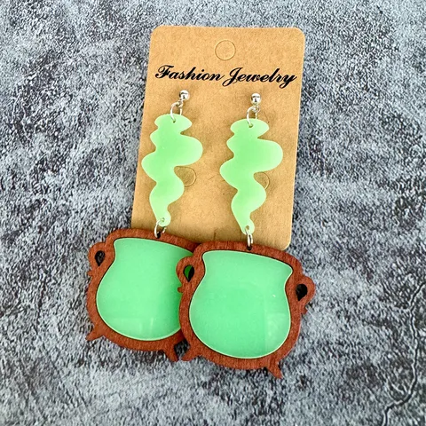 Pendientes Colgantes de Caldero de Bruja de Halloween Acrílico Madera Empalmado Brillantina Luminoso Gótico Pendientes Largos Joyería de Fiesta Regalo Mujer