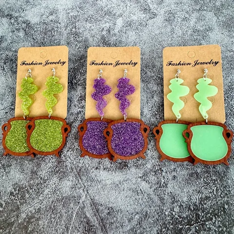 Pendientes Colgantes de Caldero de Bruja de Halloween Acrílico Madera Empalmado Brillantina Luminoso Gótico Pendientes Largos Joyería de Fiesta Regalo Mujer