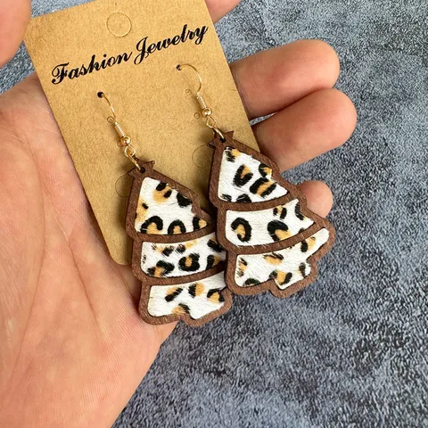 Christmas Tree Wood Leather Earrings For Women Leopard Cow Print Genuine Leather Inlaid Wooden Drop Earrings Festive Holiday Gift
