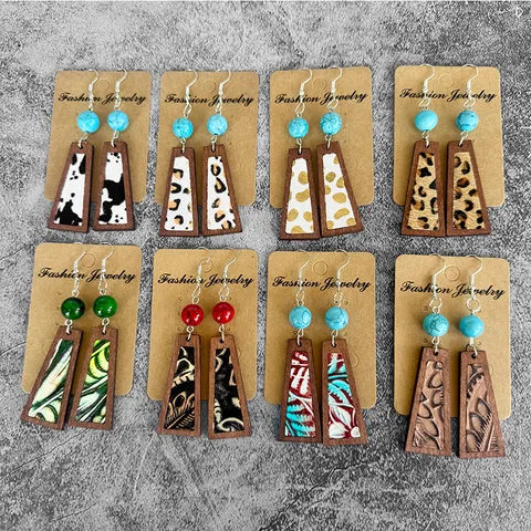Vintage Genuine Leather Wood Patchwork Dangle Earrings Western Leopard Cowhide Print Turquoise Bead Earrings For Women Gift