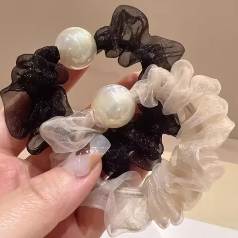 Koreaanse Stijl Iriserende Kunstparel Chiffon Scrunchie Effen Kleur Zachte Feeënstijl Elastische Haarelastiek Voor Vrouwen Haaraccessoires