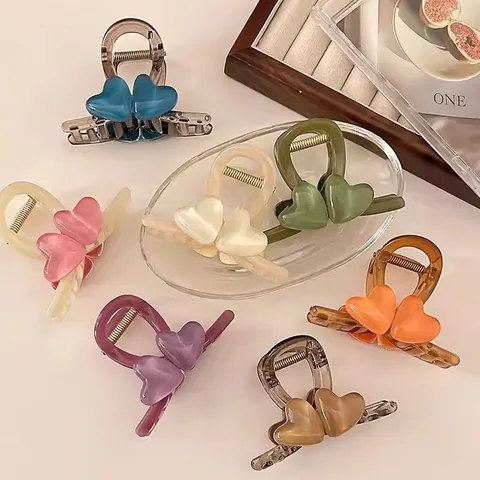Koreanischer Stil Herz Haarkralle Minimalistisch Doppelherz Haarklammer Süße Kunststoff Haarnadeln Rutschfeste Haarklemmen Für Damen