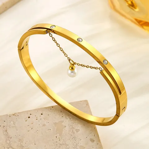 Pulsera de Brazalete de Perla Artificial con Borla de Diamante de Acero Inoxidable Chapado en Oro Strass Joyería de Lujo Ligero para Mujer